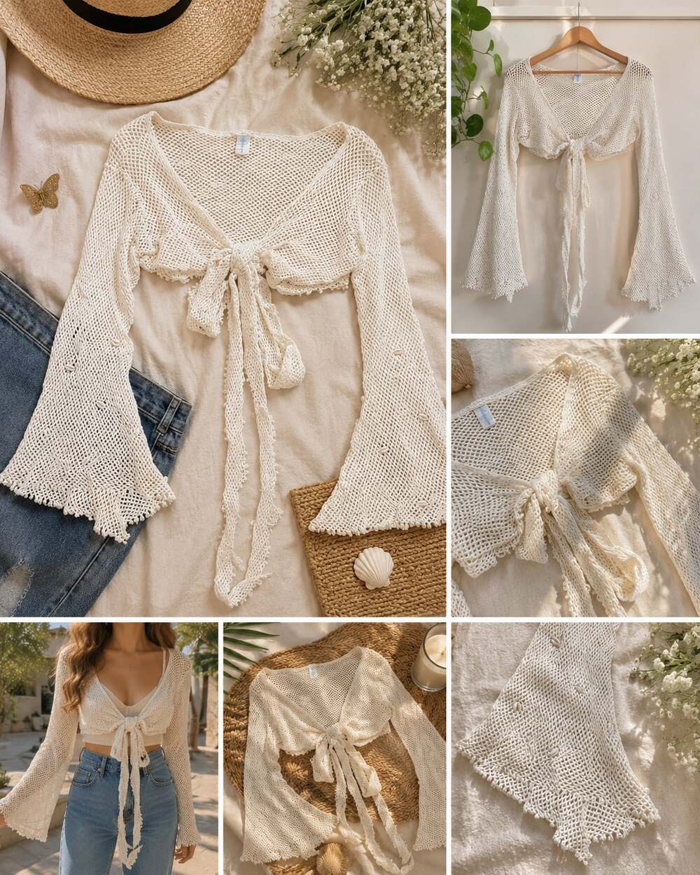 BOHO Crochet Tie-Front Bell Sleeve Crop Top